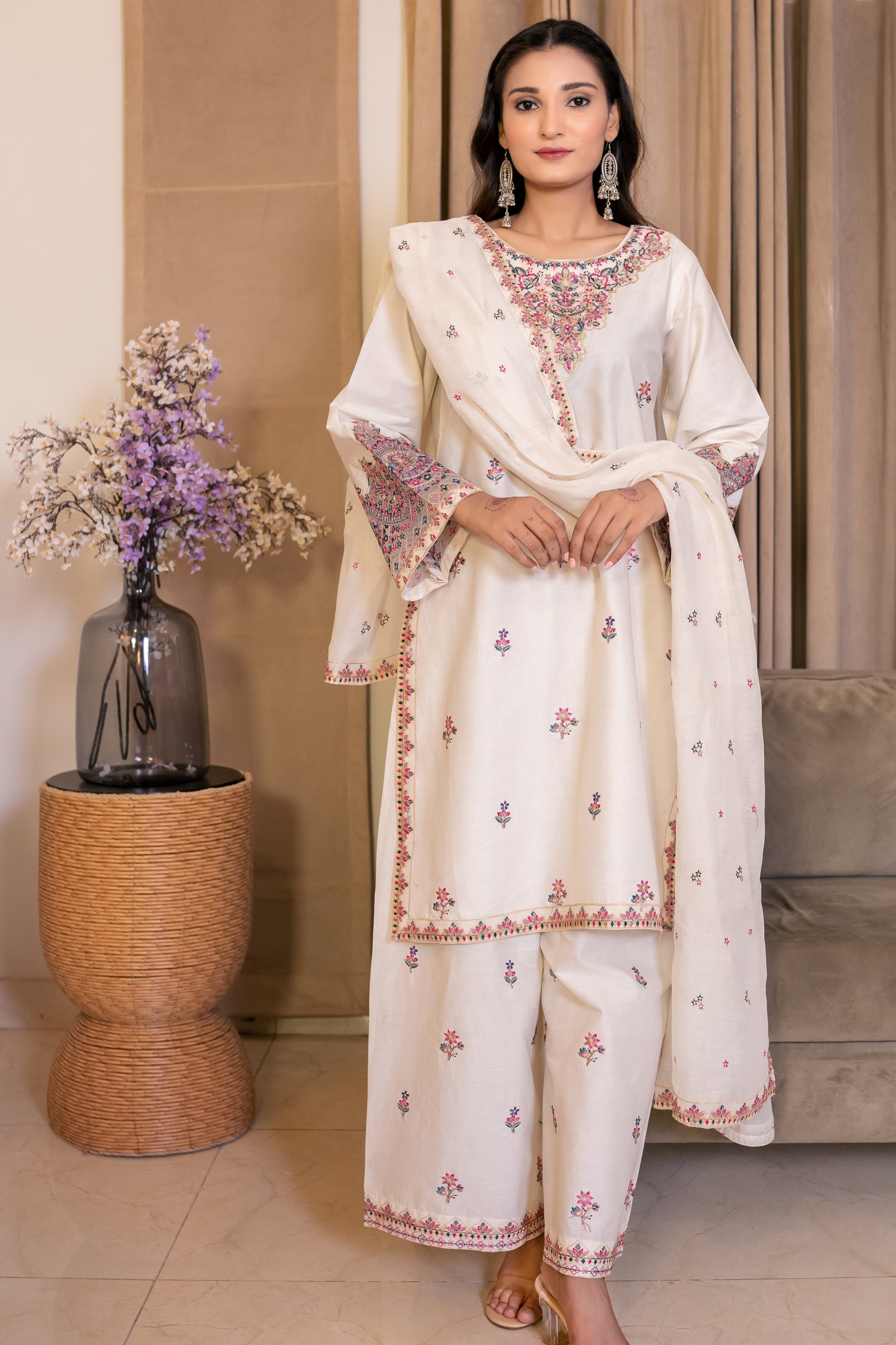 White Dusk 3Pc - Embroidered Cambric Cotton Pret