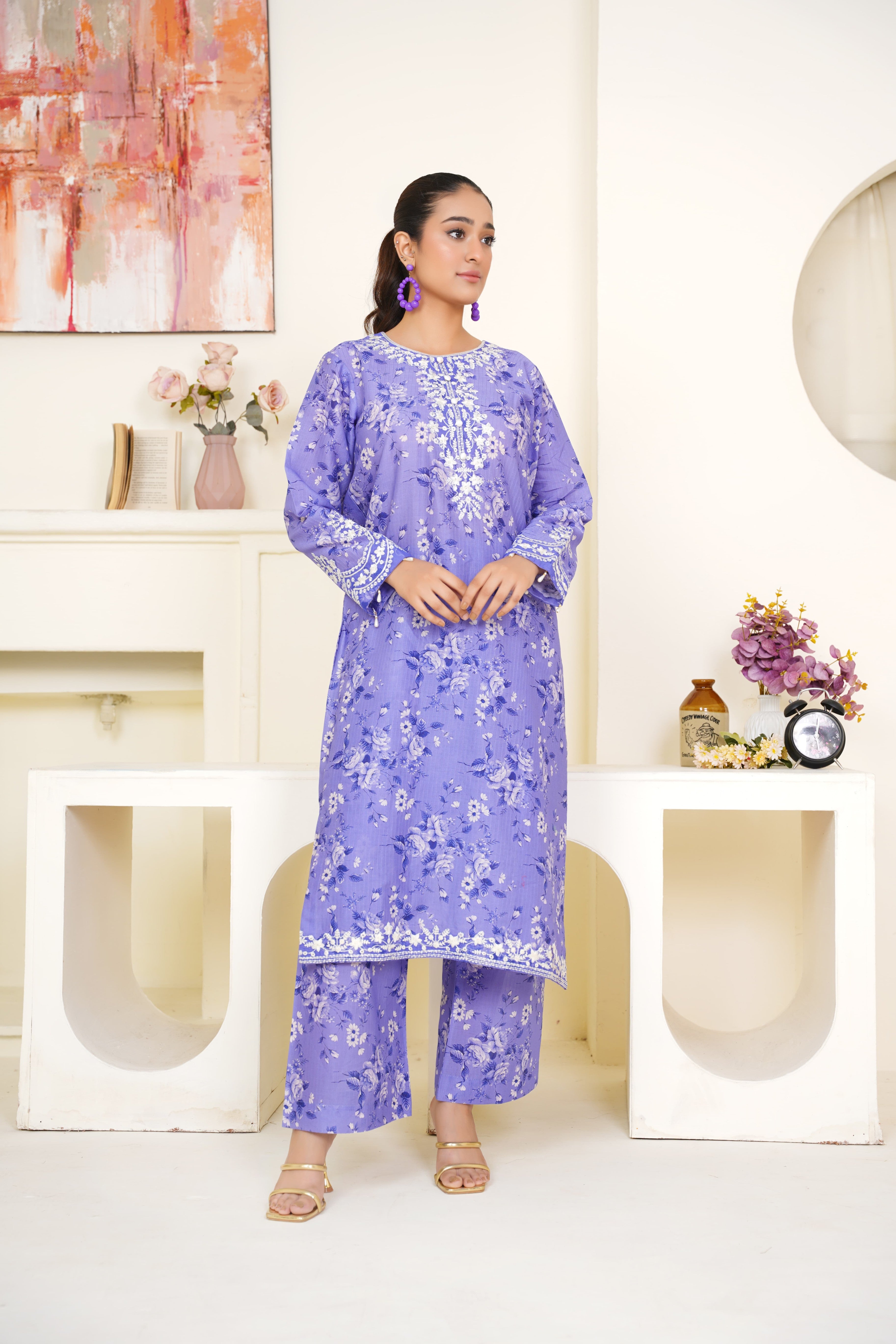 Lavender 2Pc - Embroidered Printed Cambric Cotton Pret