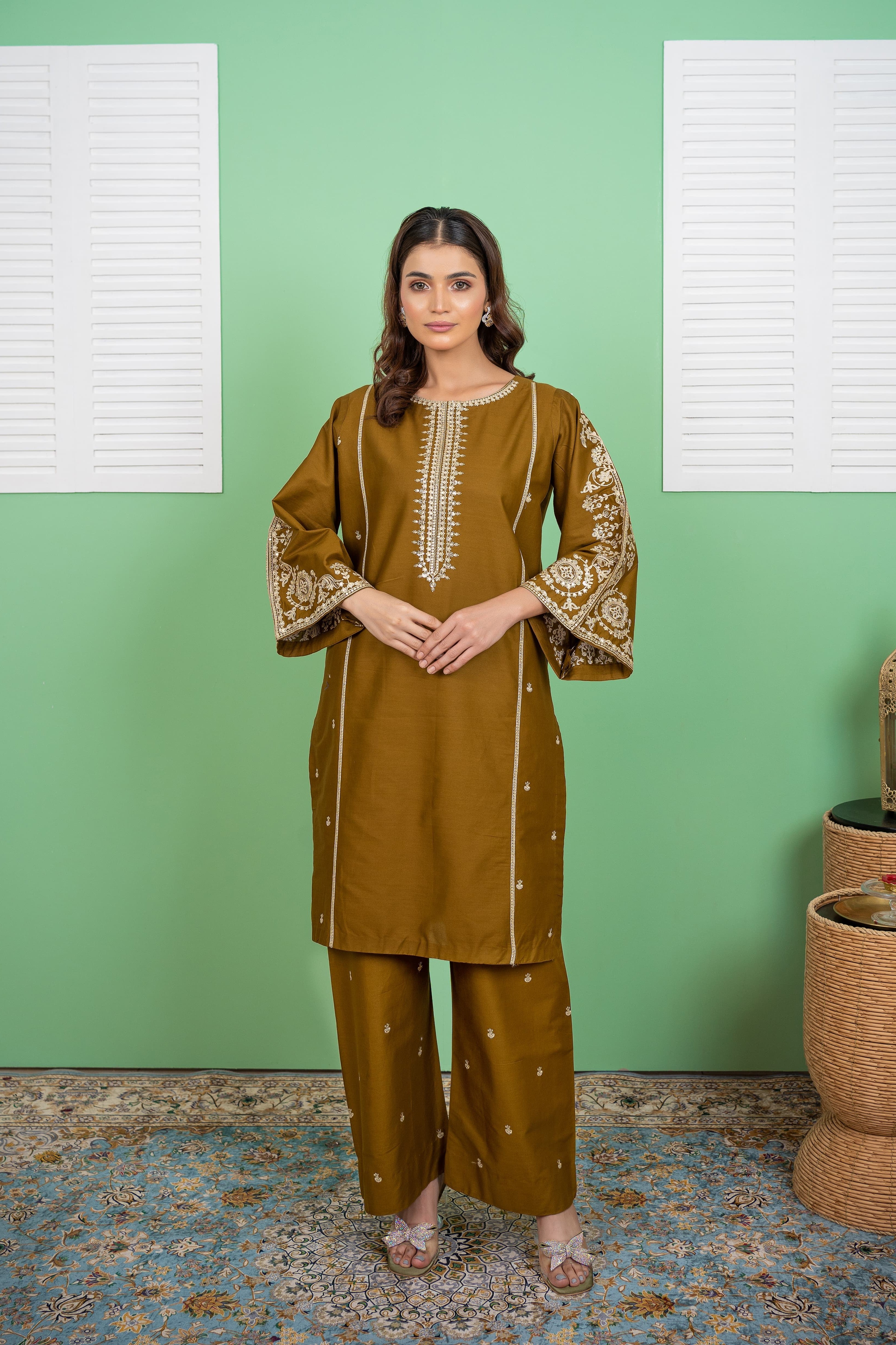 Olive Bloom 2Pc - Embroidered Cambric Cotton Pret