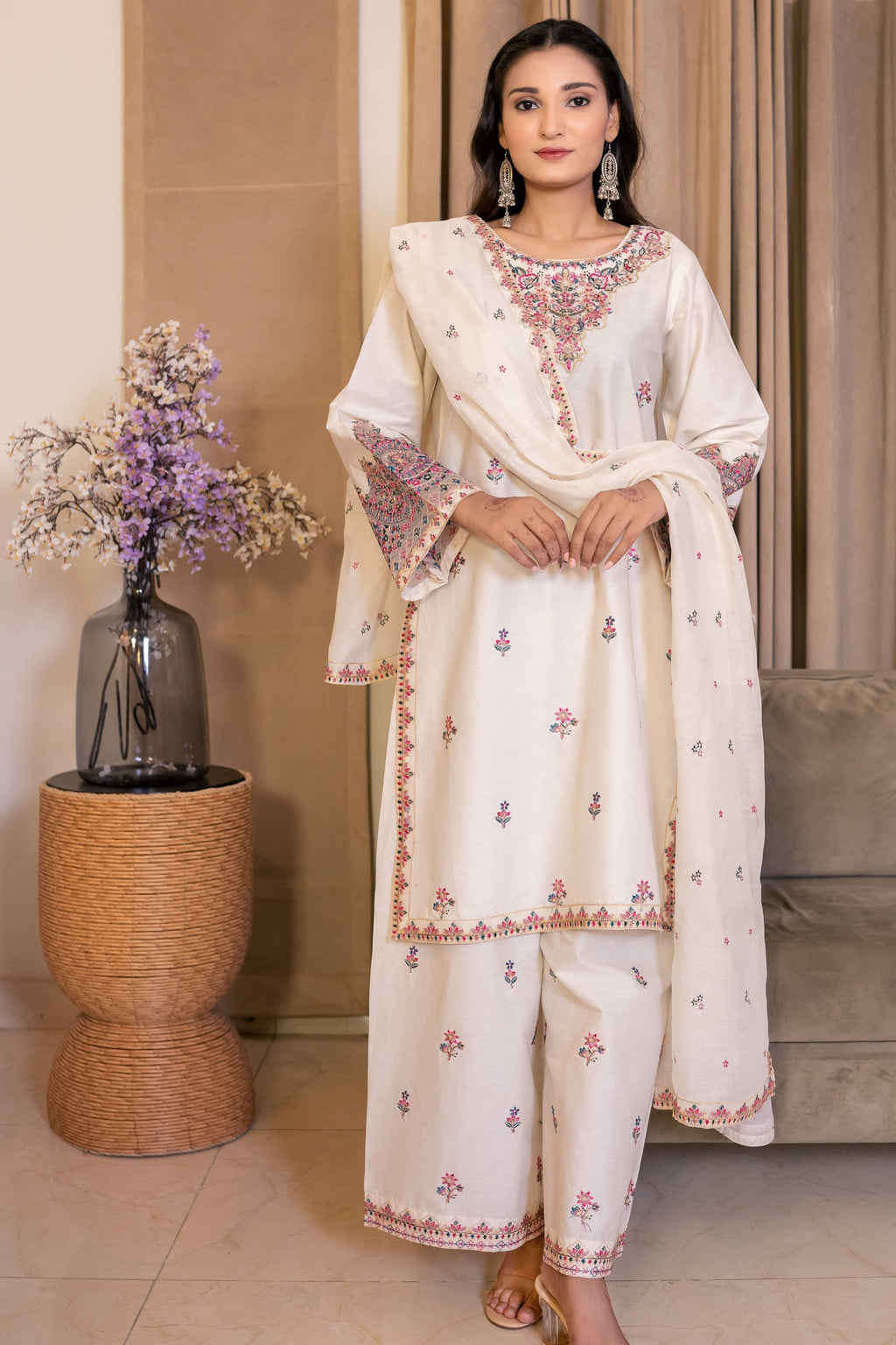 White Dusk 3Pc - Embroidered Cambric Cotton Pret