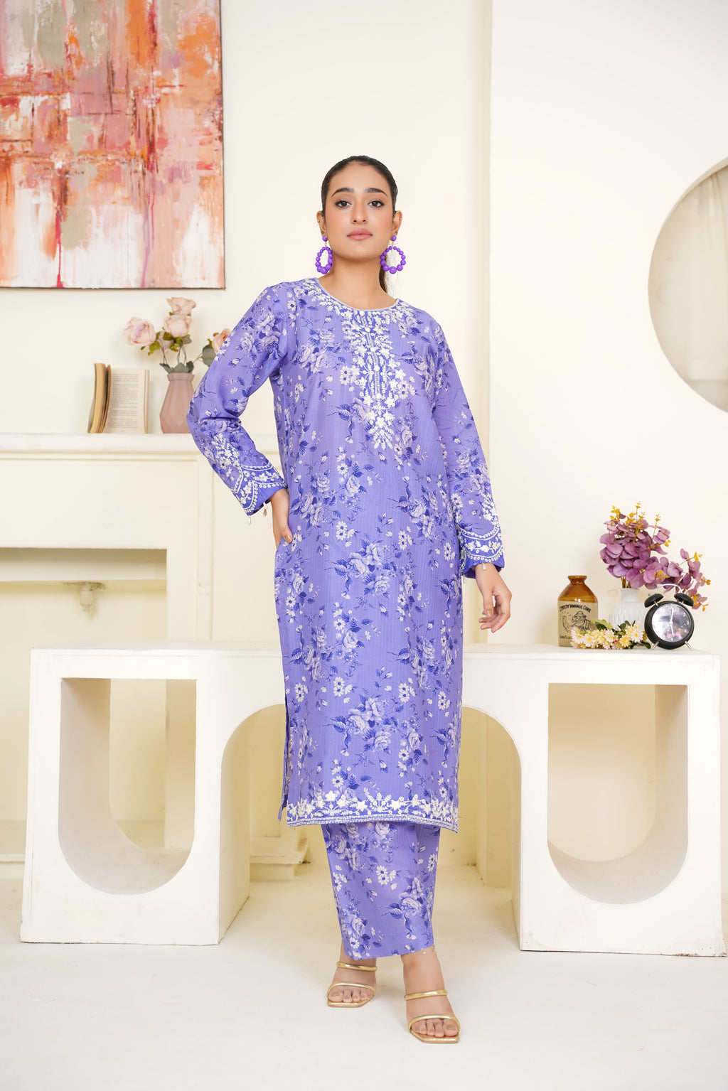Lavender 2Pc - Embroidered Printed Cambric Cotton Pret