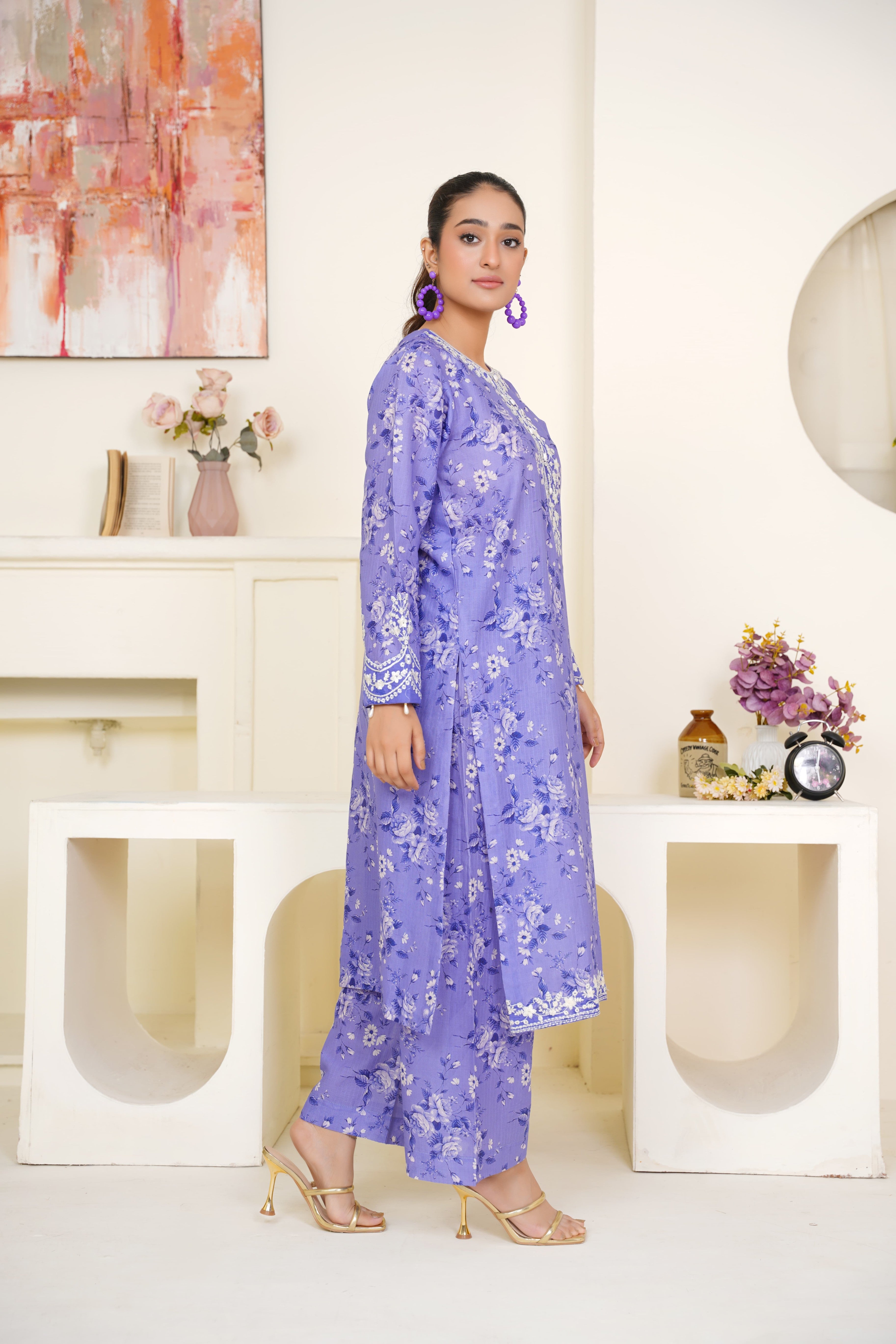 Lavender 2Pc - Embroidered Printed Cambric Cotton Pret