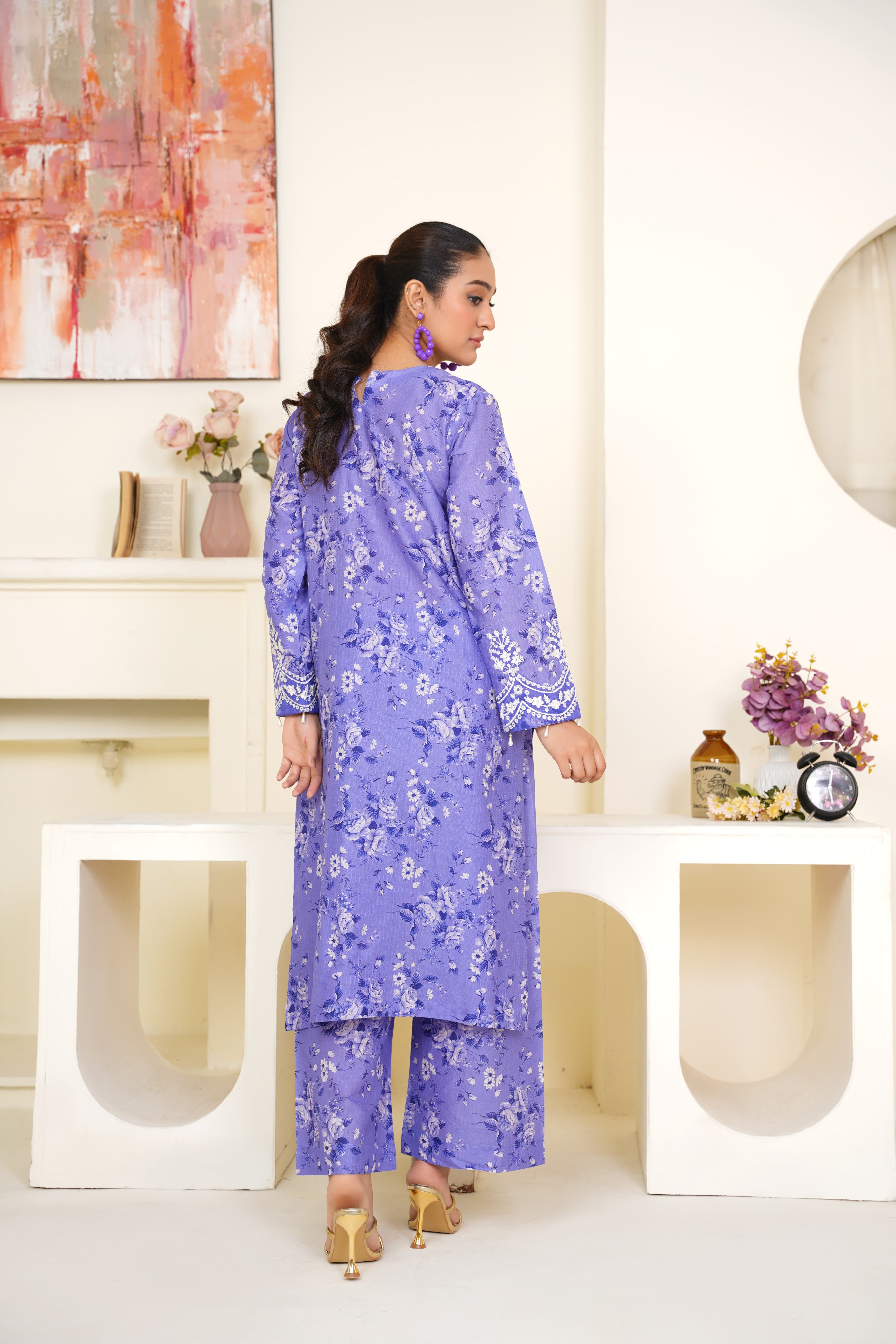 Lavender 2Pc - Embroidered Printed Cambric Cotton Pret