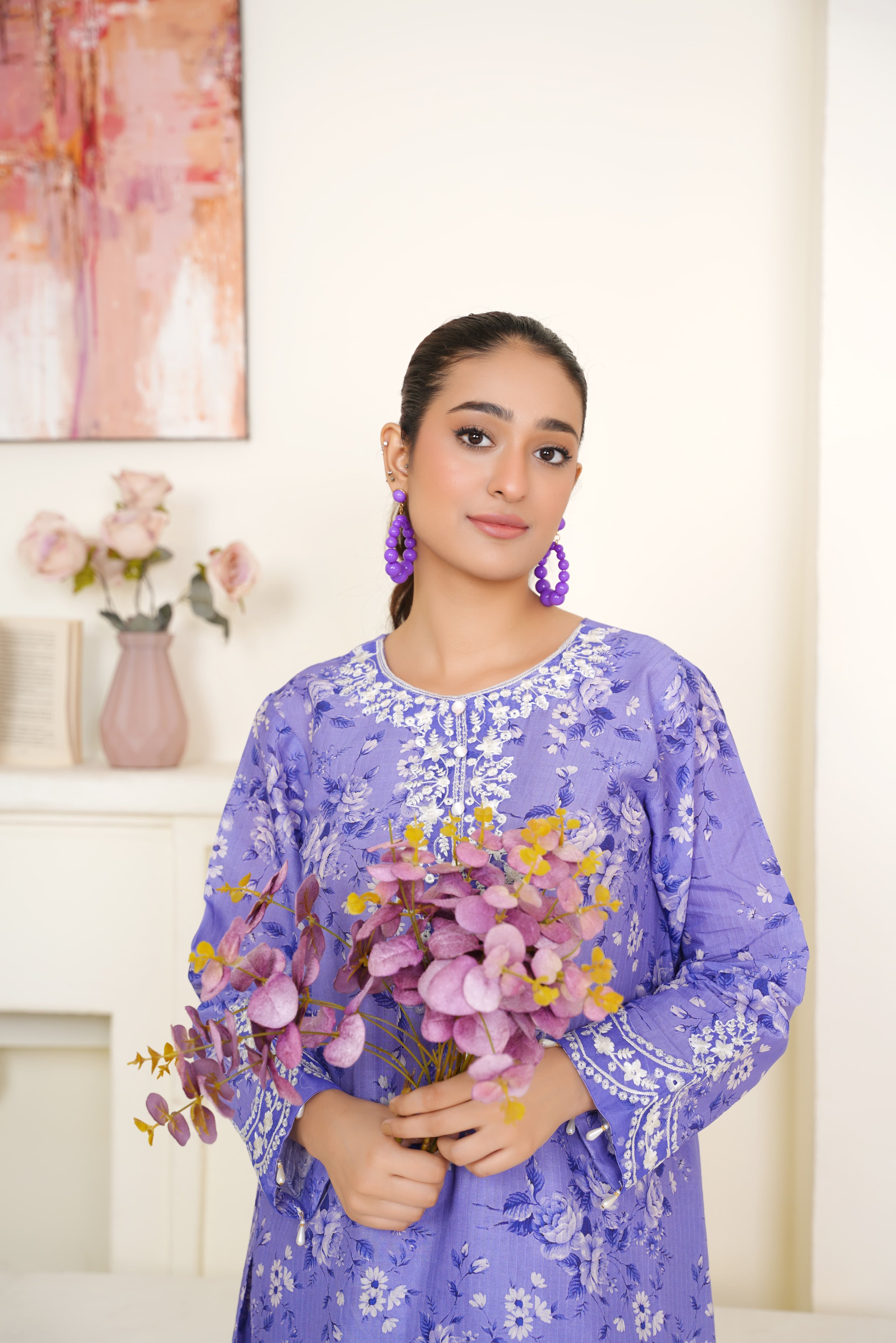 Lavender 2Pc - Embroidered Printed Cambric Cotton Pret