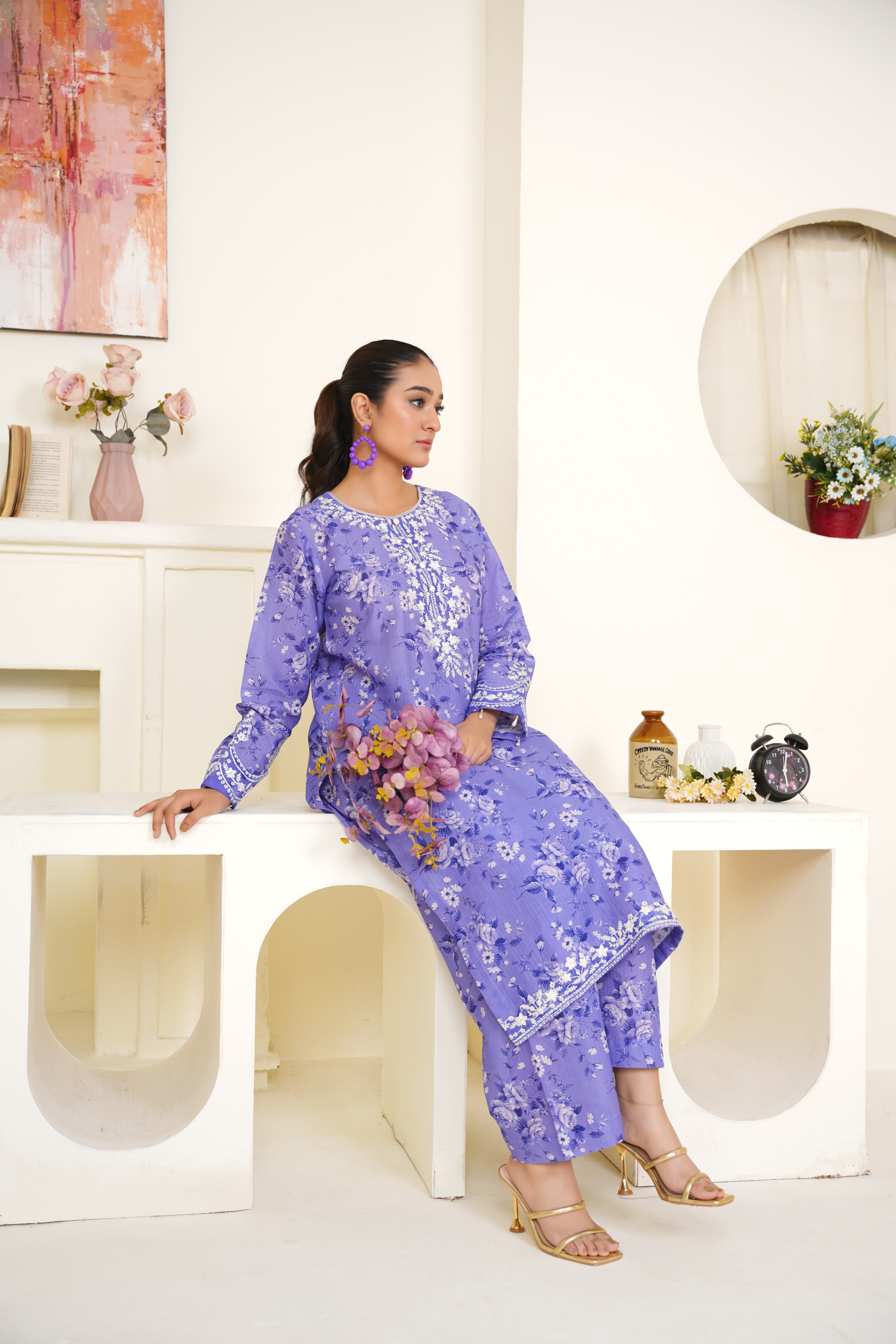 Lavender 2Pc - Embroidered Printed Cambric Cotton Pret