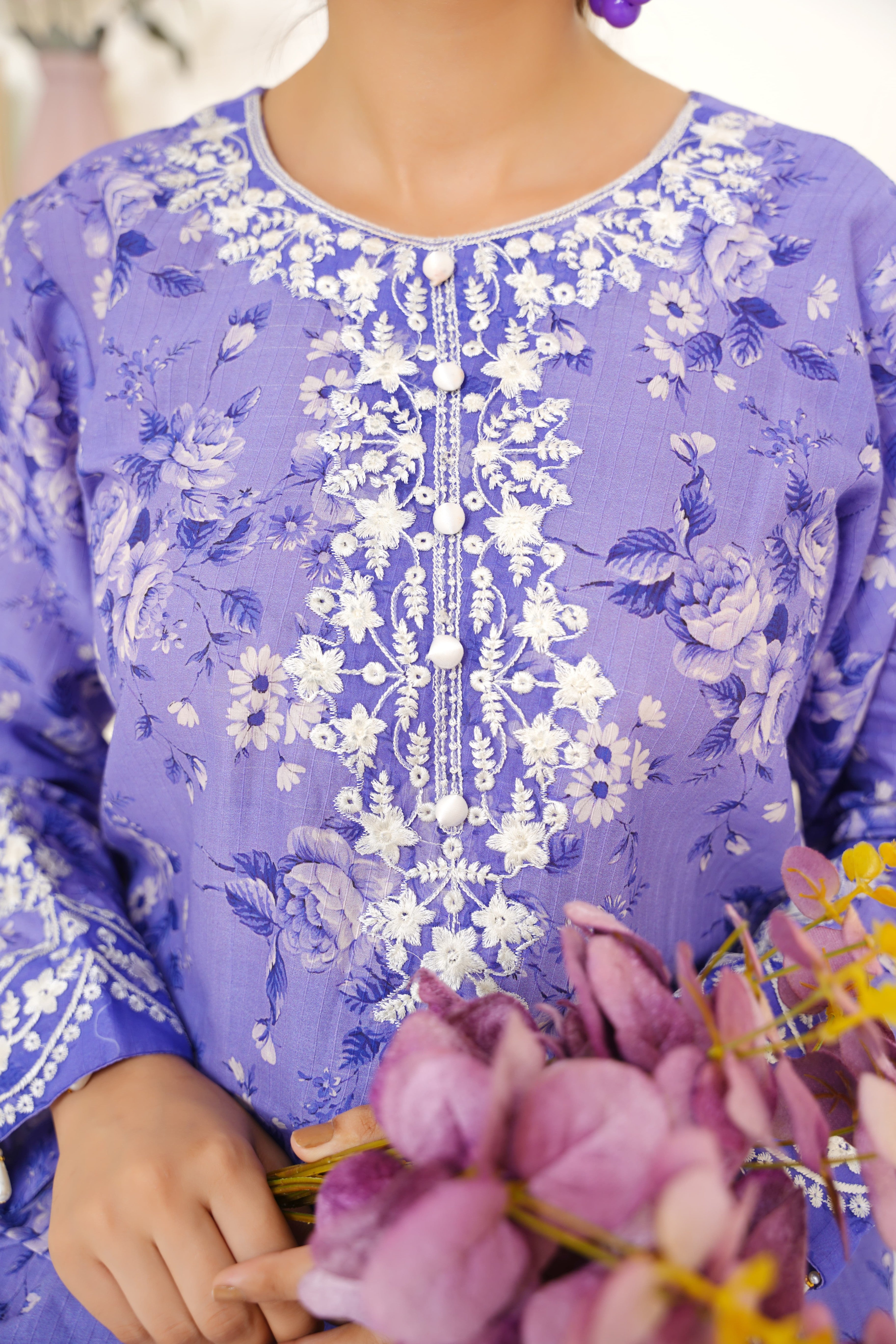 Lavender 2Pc - Embroidered Printed Cambric Cotton Pret