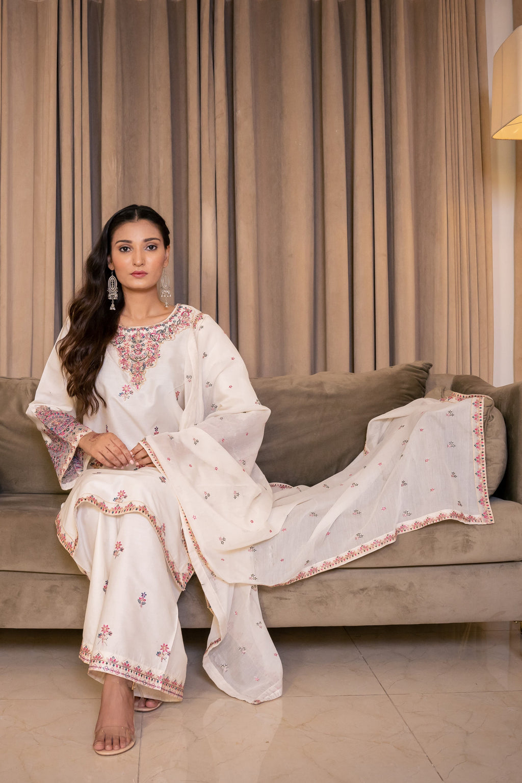 White Dusk 3Pc - Embroidered Cambric Cotton Pret