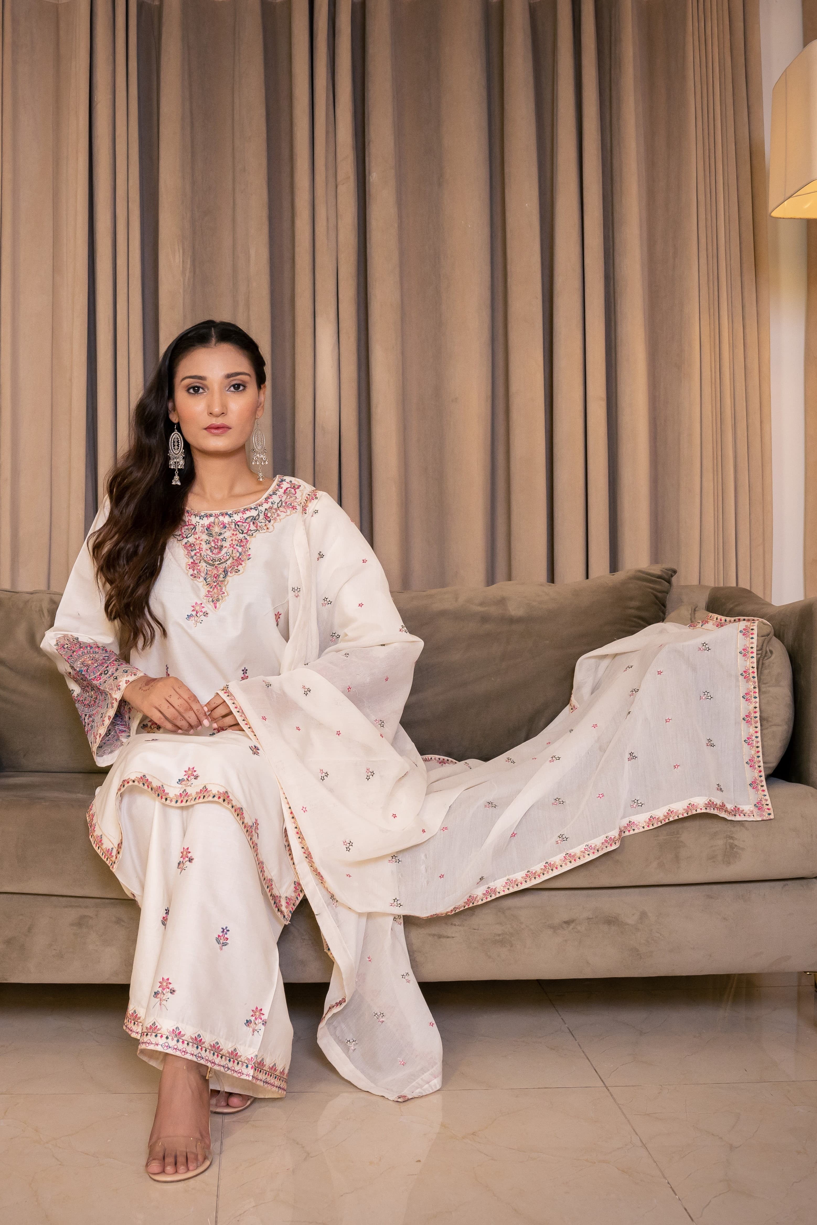 White Dusk 3Pc - Embroidered Cambric Cotton Pret